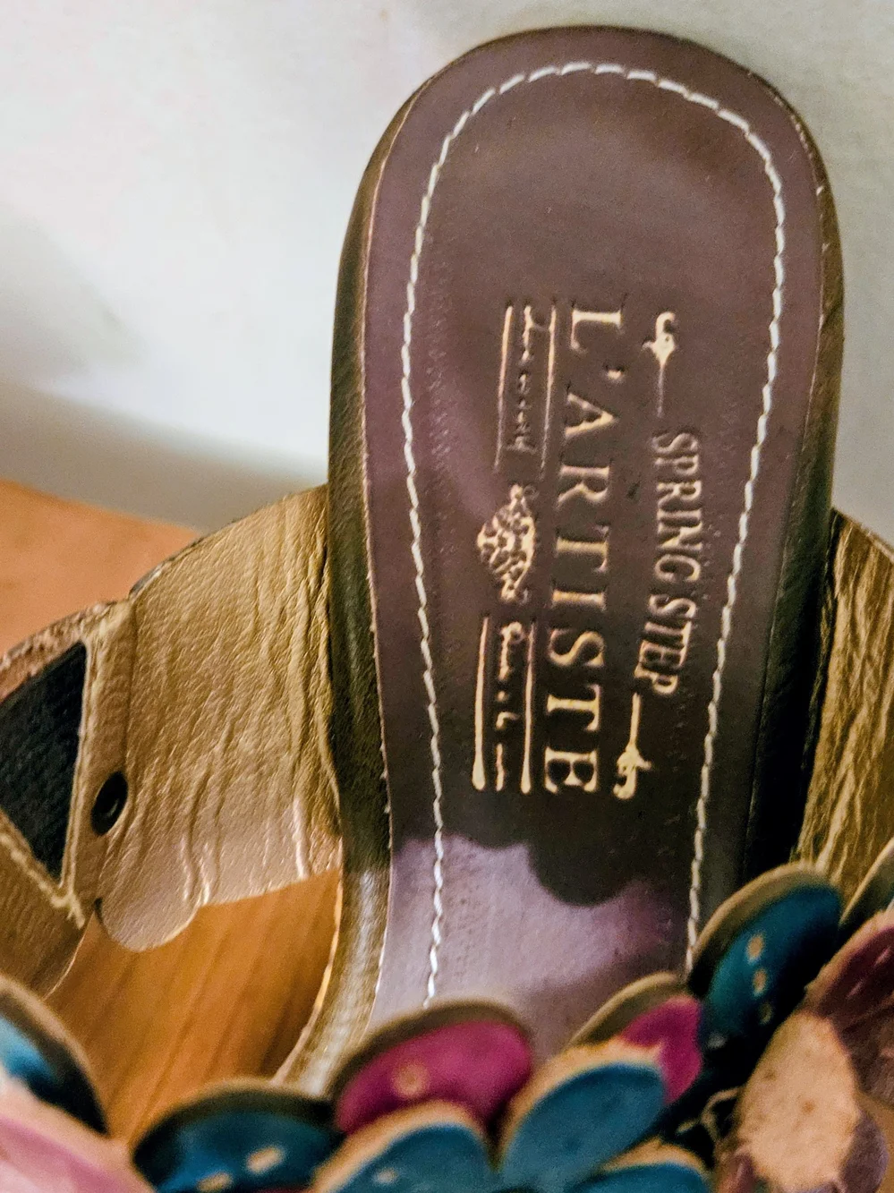 L'artiste Teal and Magenta Floral Leather Wedge Sandals